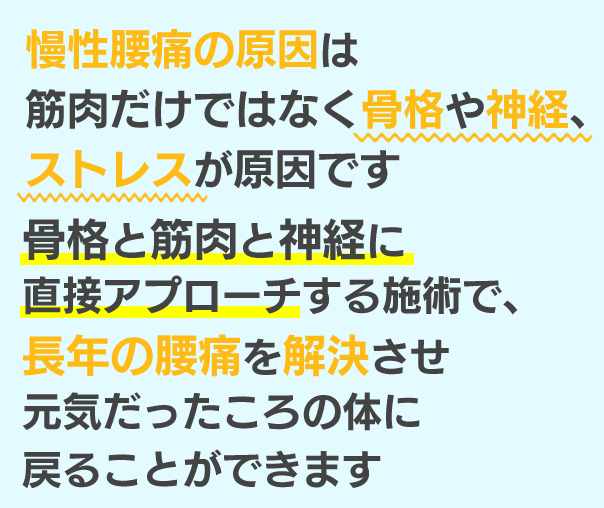 慢性腰痛の原因は筋肉だけではなく骨格や神経ストレスが原因です、骨格と筋肉と神経に直接アプローチする施術で長年の腰痛を解決させ元気だったころの体に戻ることができます